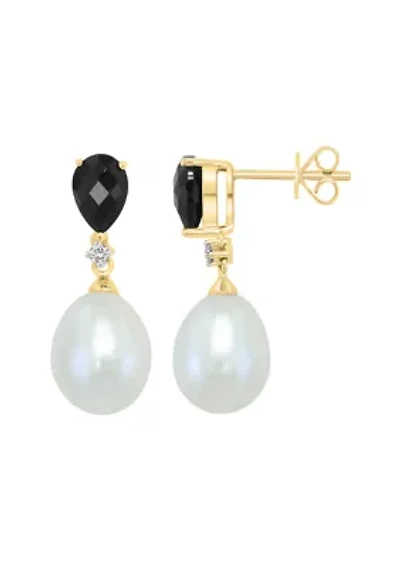 Diamond, Freshwater Pearl and Onyx Earrings in 14K Yellow Gold