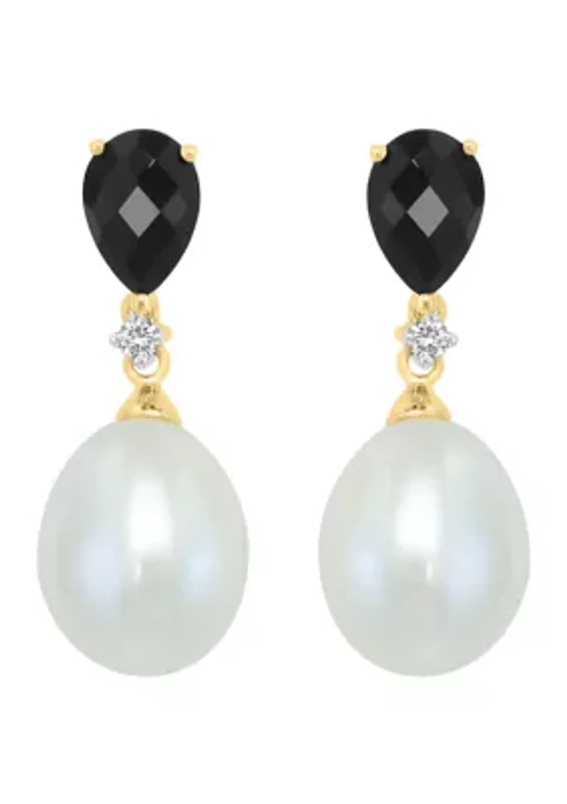 Diamond, Freshwater Pearl and Onyx Earrings in 14K Yellow Gold