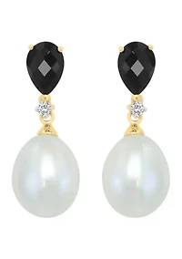 Diamond, Freshwater Pearl and Onyx Earrings in 14K Yellow Gold