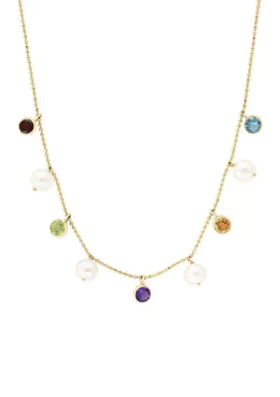 Amethyst, Blue Topaz, Citrine, Garnet Freshwater Pearl and Peridot Necklace in 14K Yellow Gold