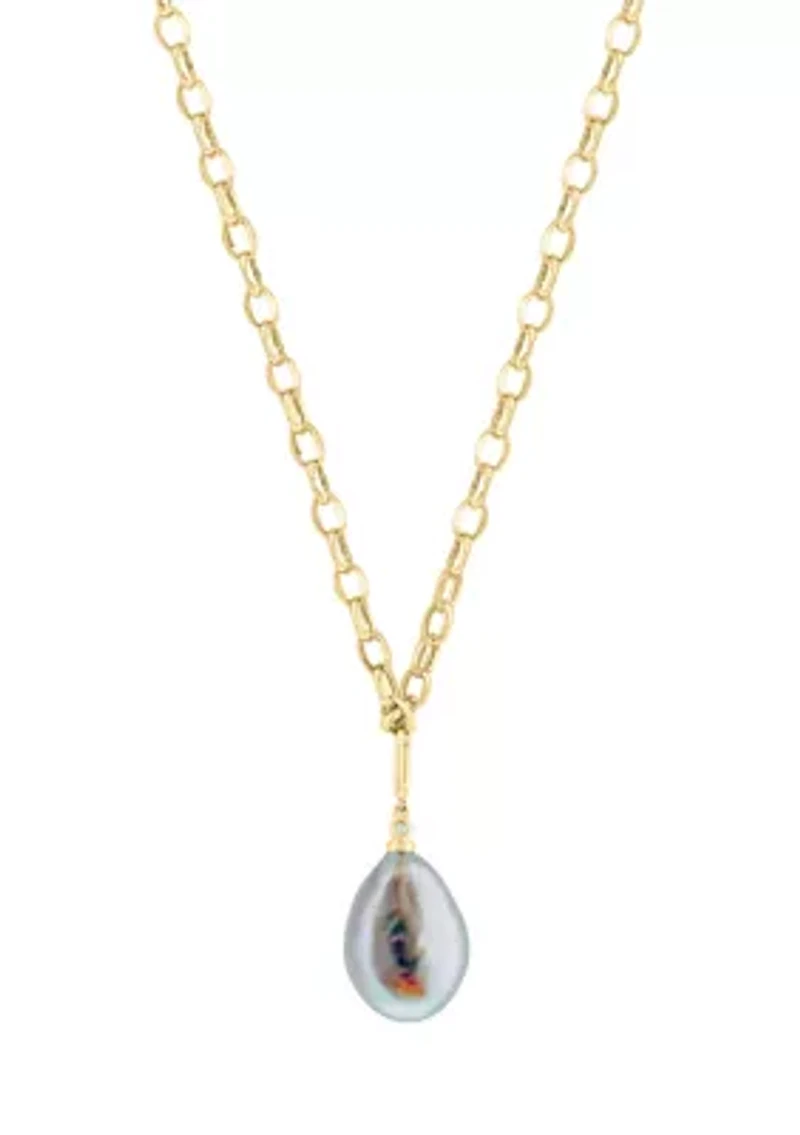 Diamond and Freshwater Pearl Drop Necklace in 14K Yellow Gold