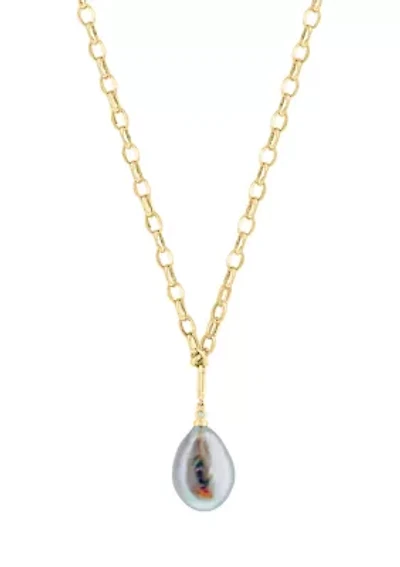 Diamond and Freshwater Pearl Drop Necklace in 14K Yellow Gold