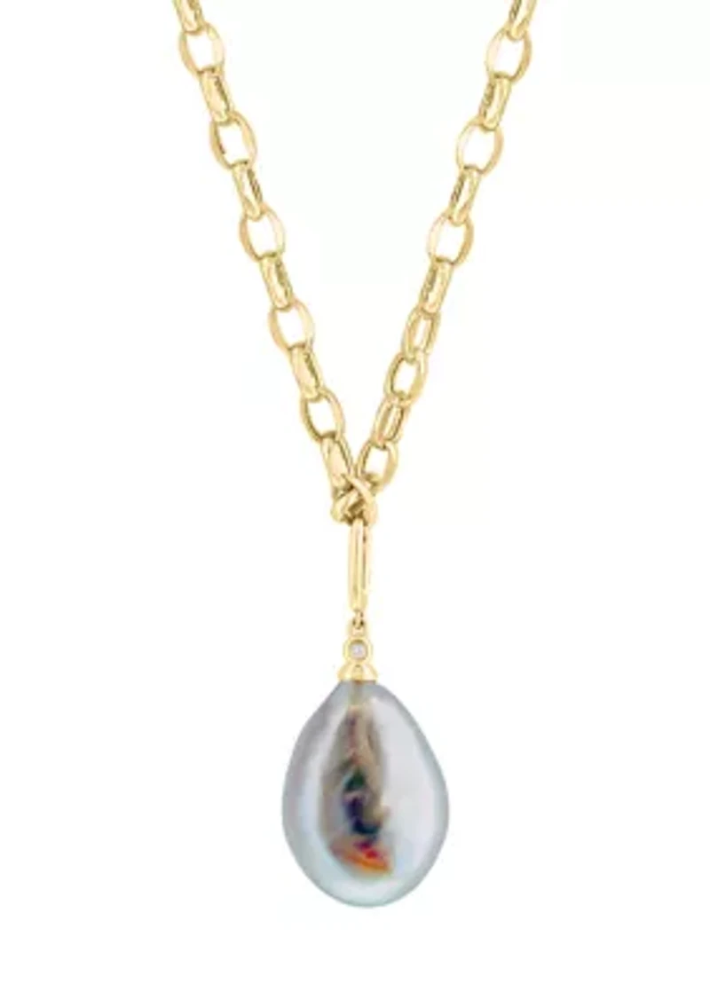 Diamond and Freshwater Pearl Drop Necklace in 14K Yellow Gold