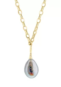 Diamond and Freshwater Pearl Drop Necklace in 14K Yellow Gold