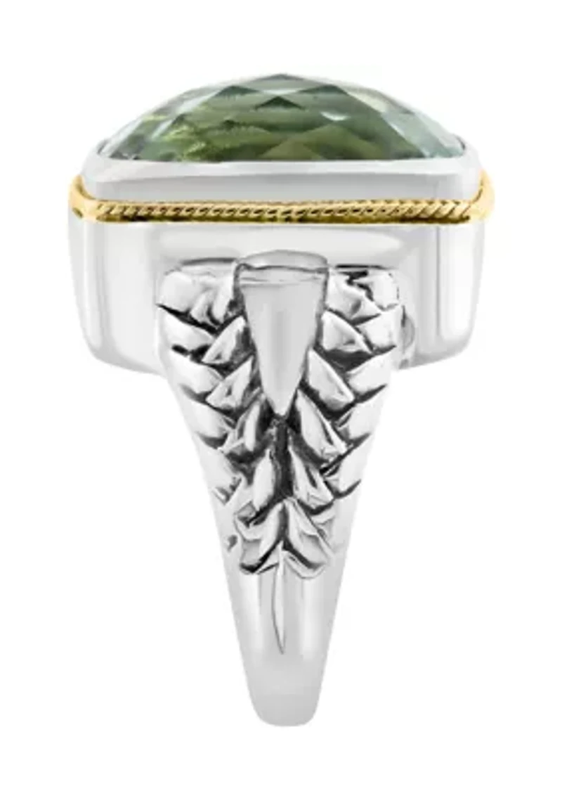 Green Amethyst Ring Sterling Silver and 18K Yellow Gold