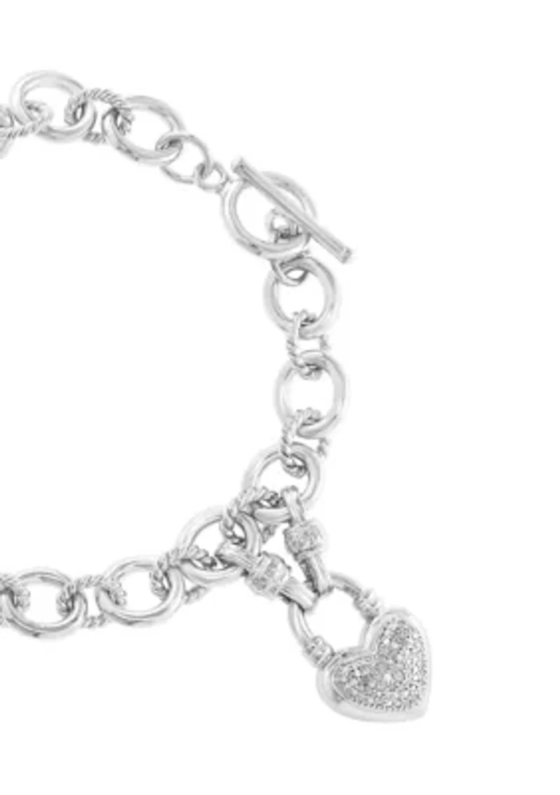Sterling Silver Diamond Heart Dangle Bracelet 