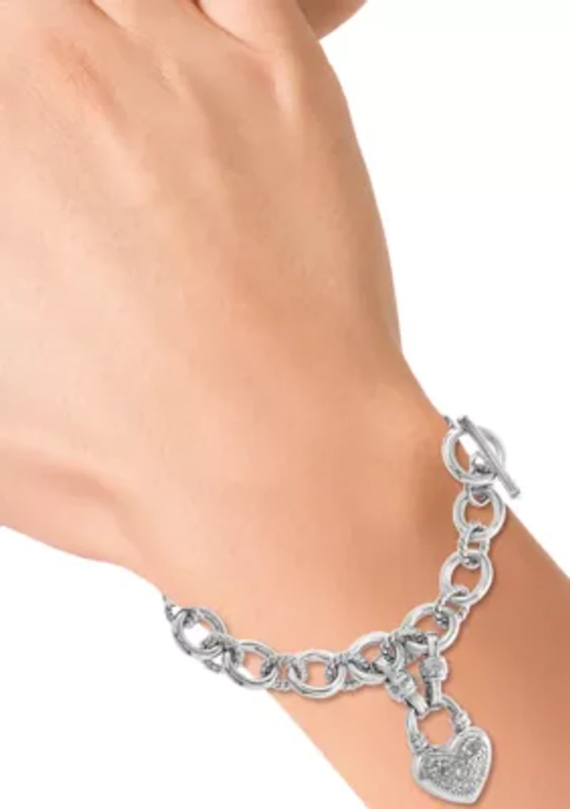 Sterling Silver Diamond Heart Dangle Bracelet 