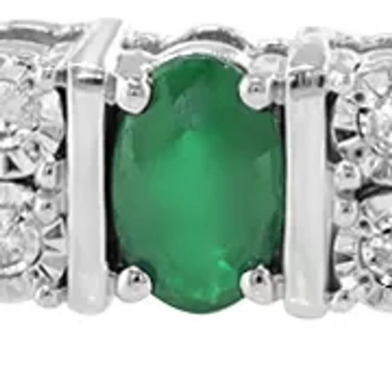 Sterling Silver Diamond, Natural Emerald Bangle