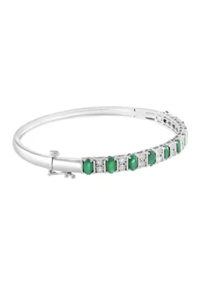 Sterling Silver Diamond, Natural Emerald Bangle
