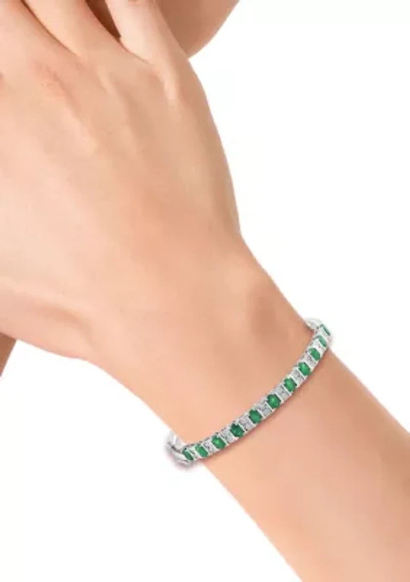 Sterling Silver Diamond, Natural Emerald Bangle
