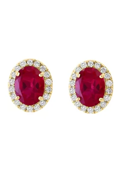 Lab Created Diamond and Ruby Oval Earrings in 14K Yellow Gold