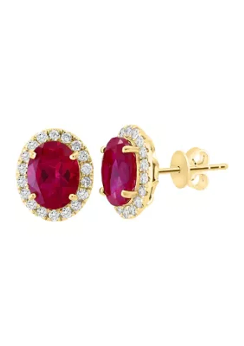 Lab Created Diamond and Ruby Oval Earrings in 14K Yellow Gold