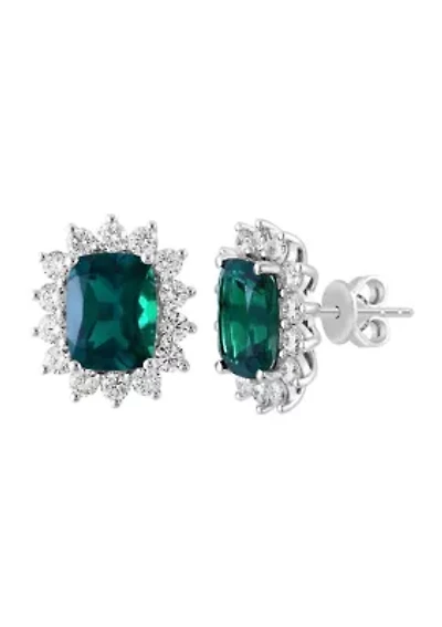 14K White Gold Lab Grown Diamond and Lab Grown Emerald Earrings 