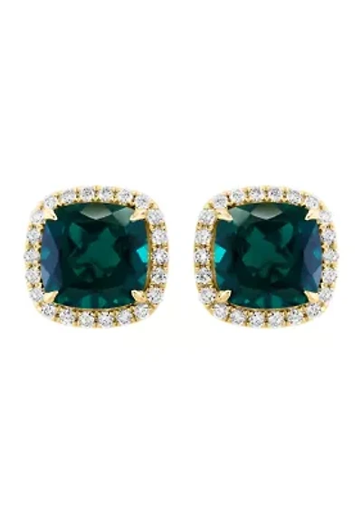 Lab Created Diamond and Emerald Square Earrings in 14K Yellow Gold