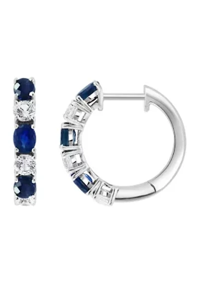 Natural Sapphire, White Sapphire Hoop Earrings in 14K White Gold 