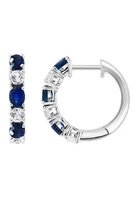 Natural Sapphire, White Sapphire Hoop Earrings in 14K White Gold 