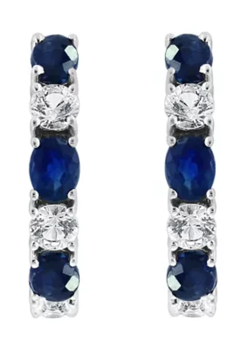 Natural Sapphire, White Sapphire Hoop Earrings in 14K White Gold 