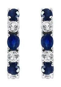 Natural Sapphire, White Sapphire Hoop Earrings in 14K White Gold 