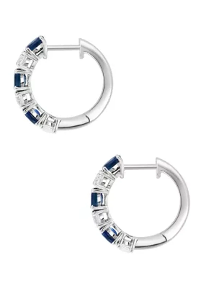 Natural Sapphire, White Sapphire Hoop Earrings in 14K White Gold 
