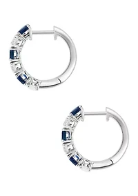 Natural Sapphire, White Sapphire Hoop Earrings in 14K White Gold 