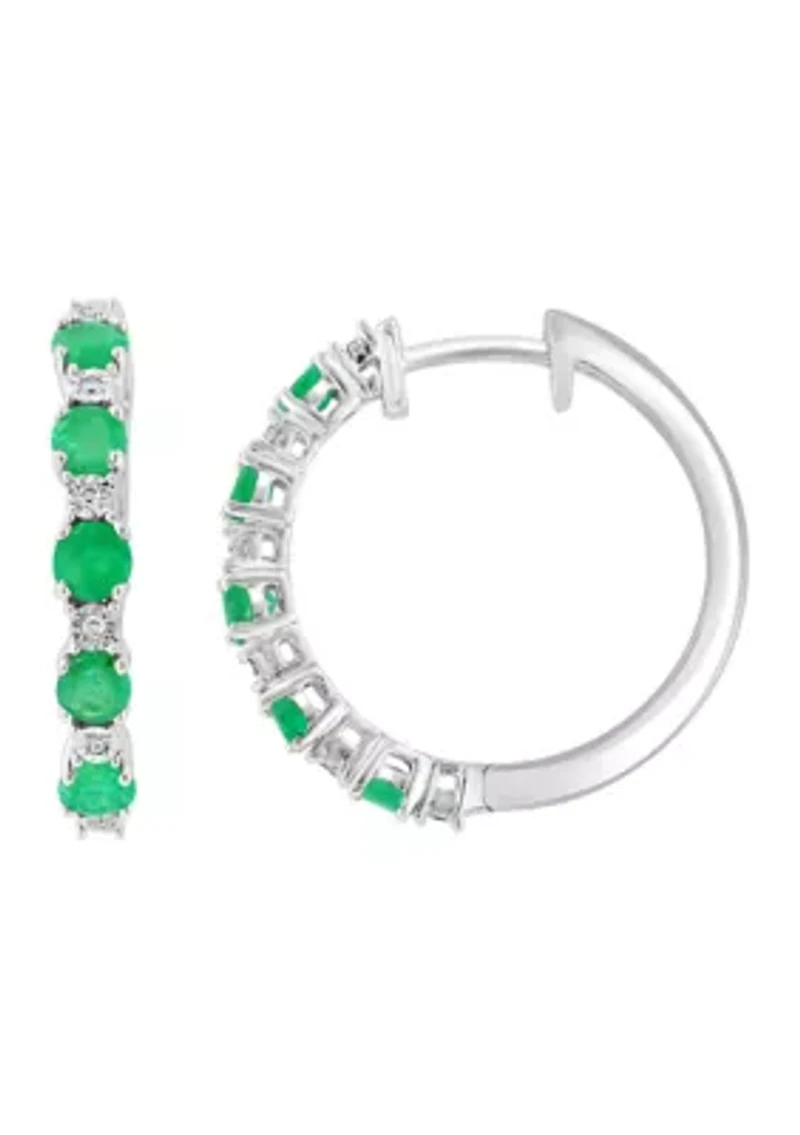Sterling Silver Diamond, Natural Emerald Hoop Earrings