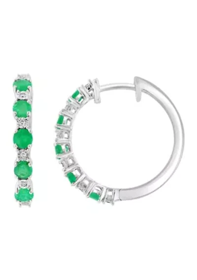 Sterling Silver Diamond, Natural Emerald Hoop Earrings
