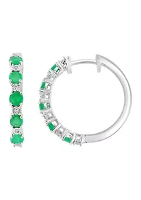 Sterling Silver Diamond, Natural Emerald Hoop Earrings