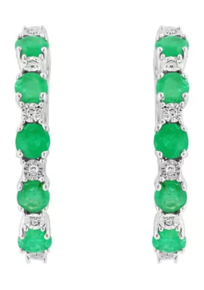 Sterling Silver Diamond, Natural Emerald Hoop Earrings