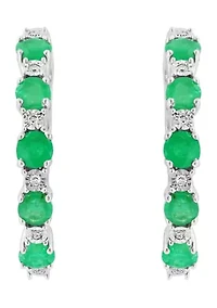 Sterling Silver Diamond, Natural Emerald Hoop Earrings