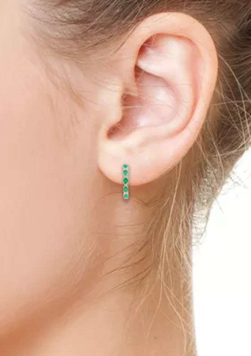 Sterling Silver Diamond, Natural Emerald Hoop Earrings