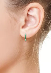 Sterling Silver Diamond, Natural Emerald Hoop Earrings