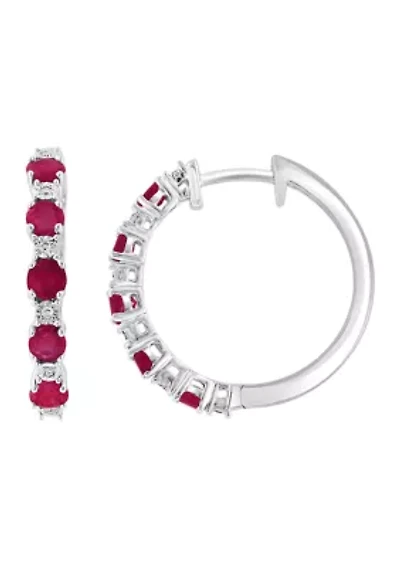 Diamond Natural Ruby Hoop Earrings in Sterling Silver