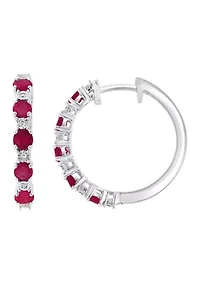 Diamond Natural Ruby Hoop Earrings in Sterling Silver