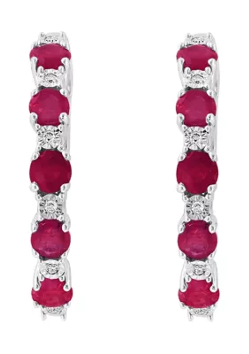 Diamond Natural Ruby Hoop Earrings in Sterling Silver