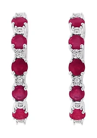 Diamond Natural Ruby Hoop Earrings in Sterling Silver