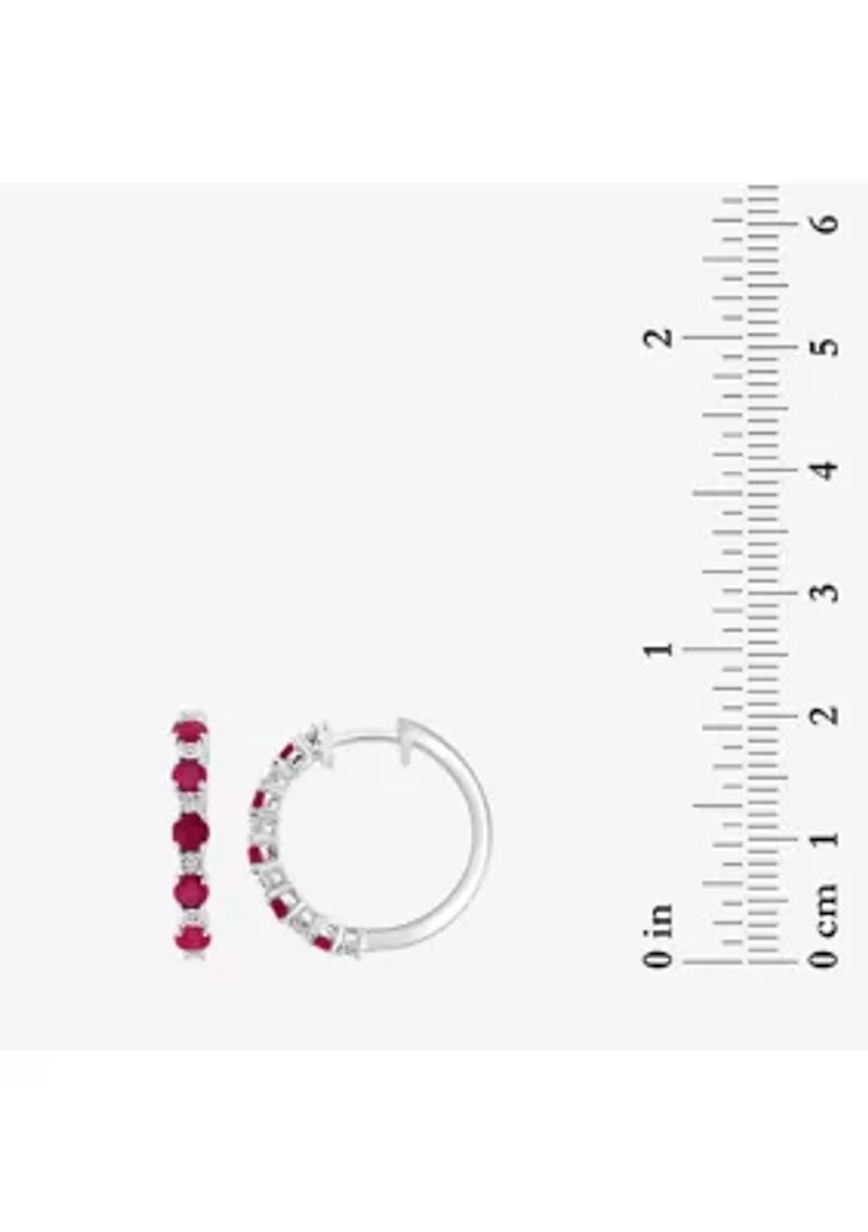 Diamond Natural Ruby Hoop Earrings in Sterling Silver