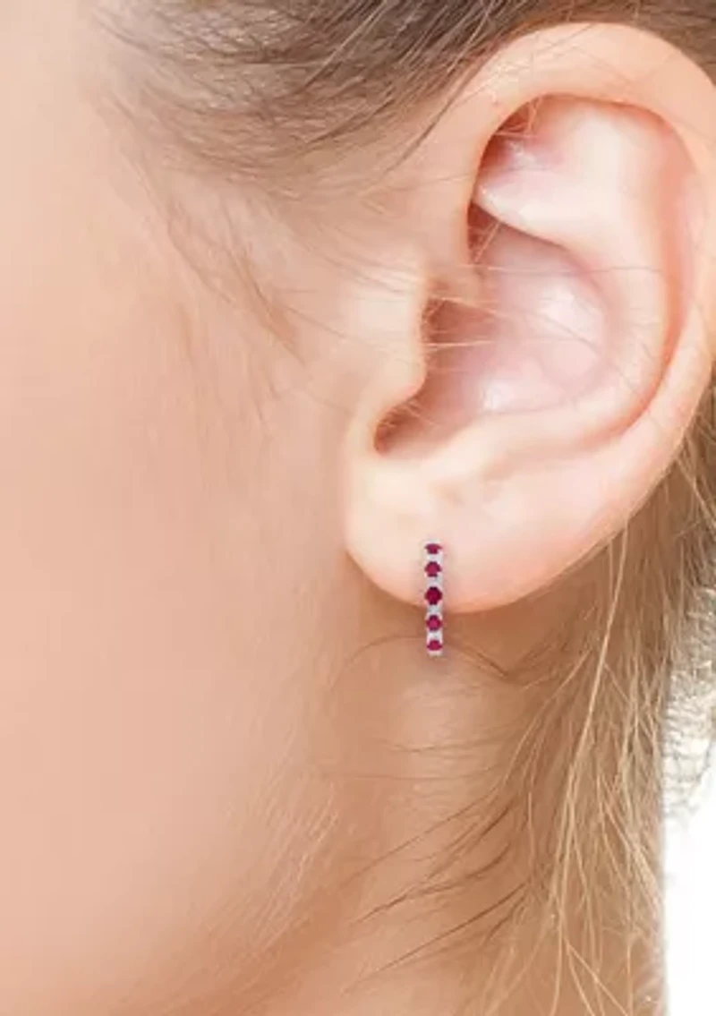 Diamond Natural Ruby Hoop Earrings in Sterling Silver