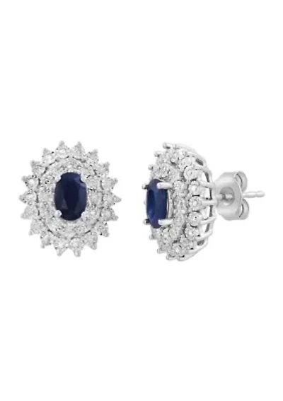 Sterling Silver Diamond Sapphire Earrings 