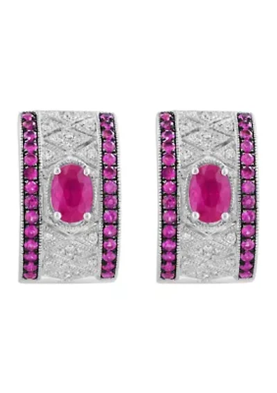 Diamond and Natural Ruby Earrings in Sterling Silver 