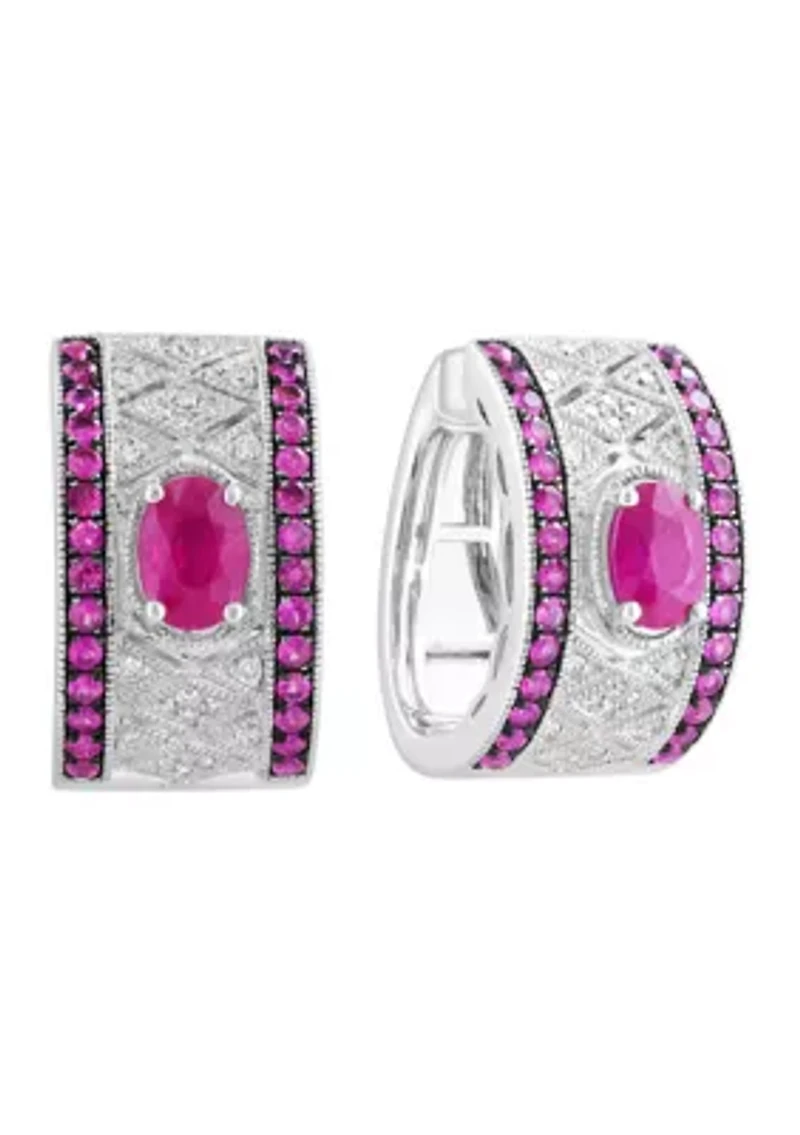 Diamond and Natural Ruby Earrings in Sterling Silver 