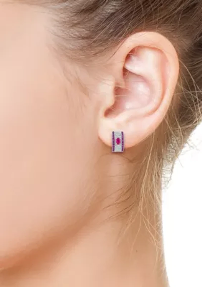 Diamond and Natural Ruby Earrings in Sterling Silver 