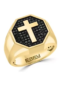 Men's Gold Plated Black Diamond Cross Ring in Sterling Silver