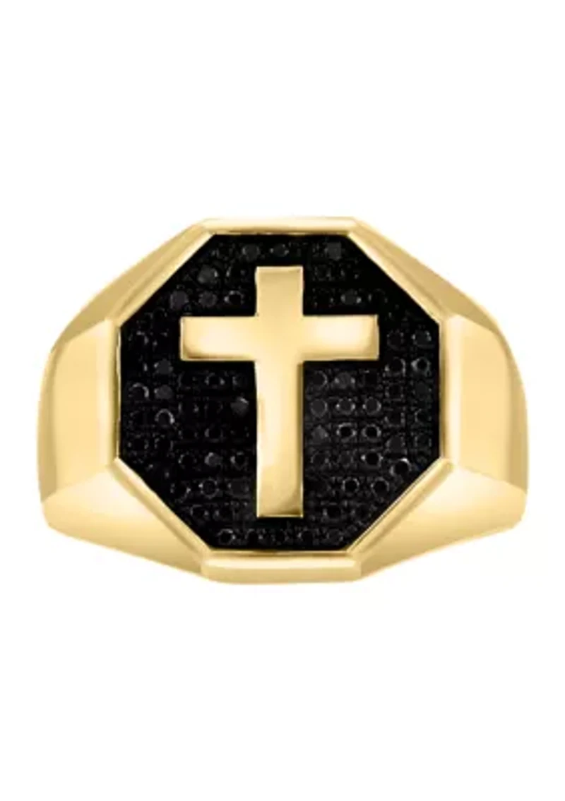 Men's Gold Plated Black Diamond Cross Ring in Sterling Silver