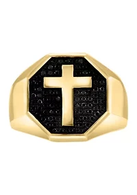 Men's Gold Plated Black Diamond Cross Ring in Sterling Silver
