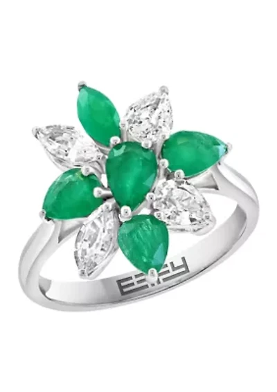Emerald and White Sapphire Ring in 14K White Gold