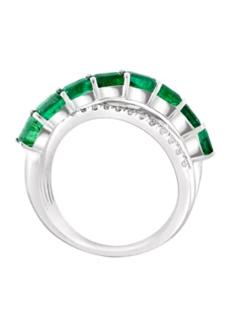 Emerald and White Sapphire Ring in Sterling Silver