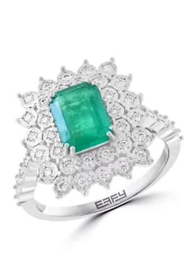 14K White Gold Diamond Natural Emerald Ring 