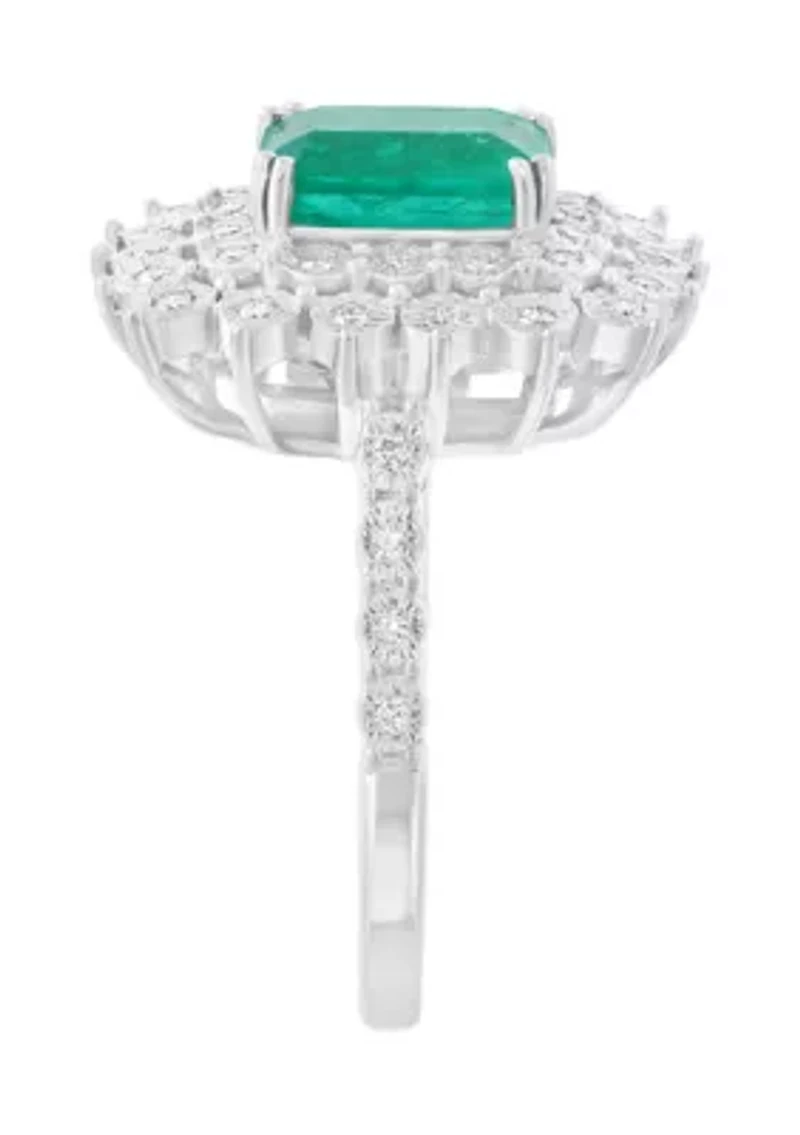 14K White Gold Diamond Natural Emerald Ring 