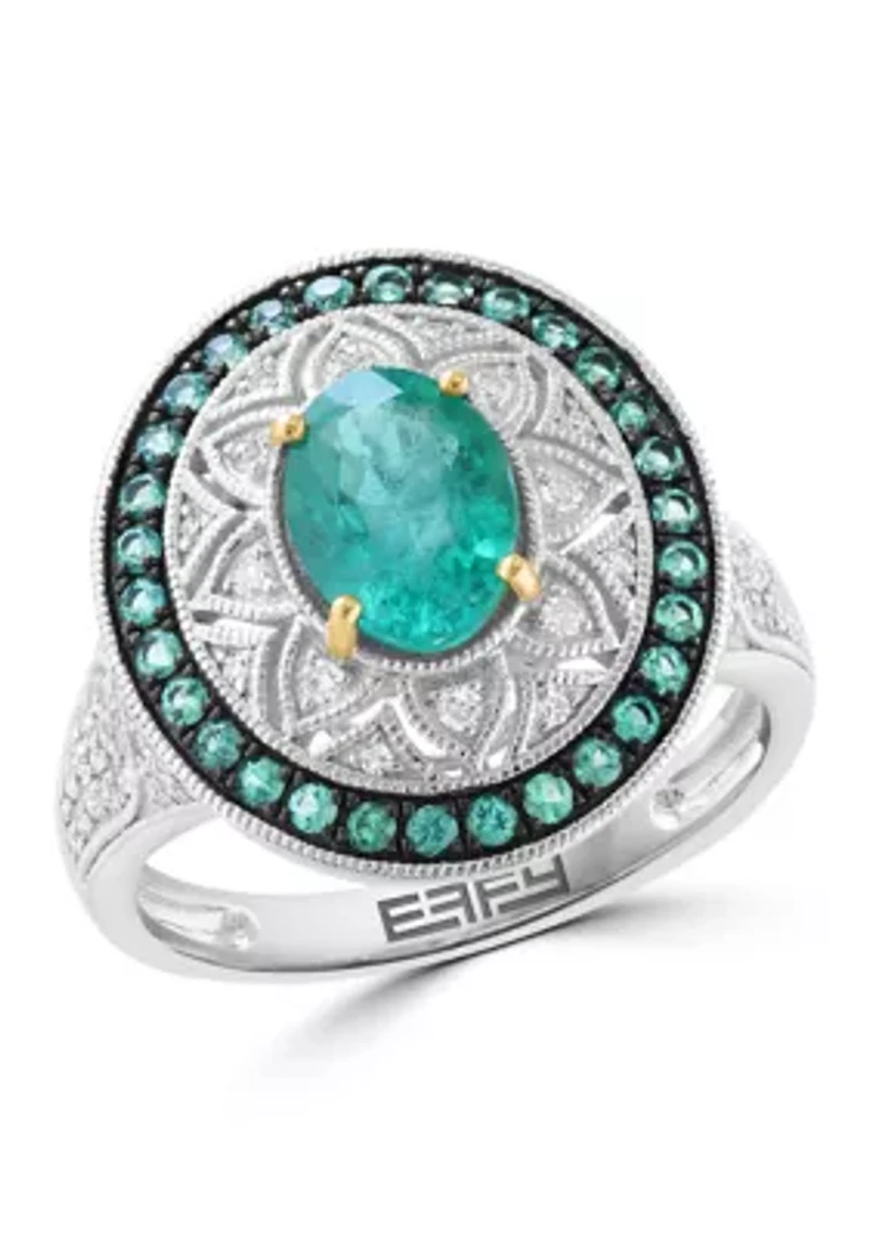 Sterling Silver Diamond and Natural Emerald Ring