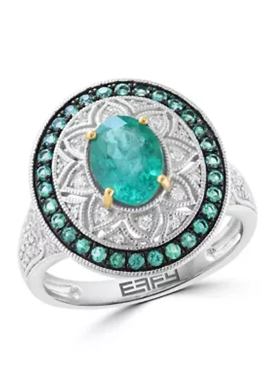 Sterling Silver Diamond and Natural Emerald Ring